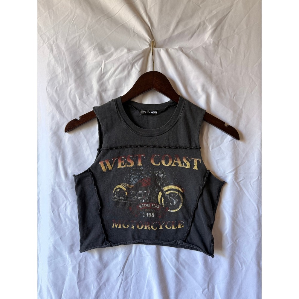 Fashion Nova West Coast Motorcycle Club Graphic Crop Top Washed Black Small